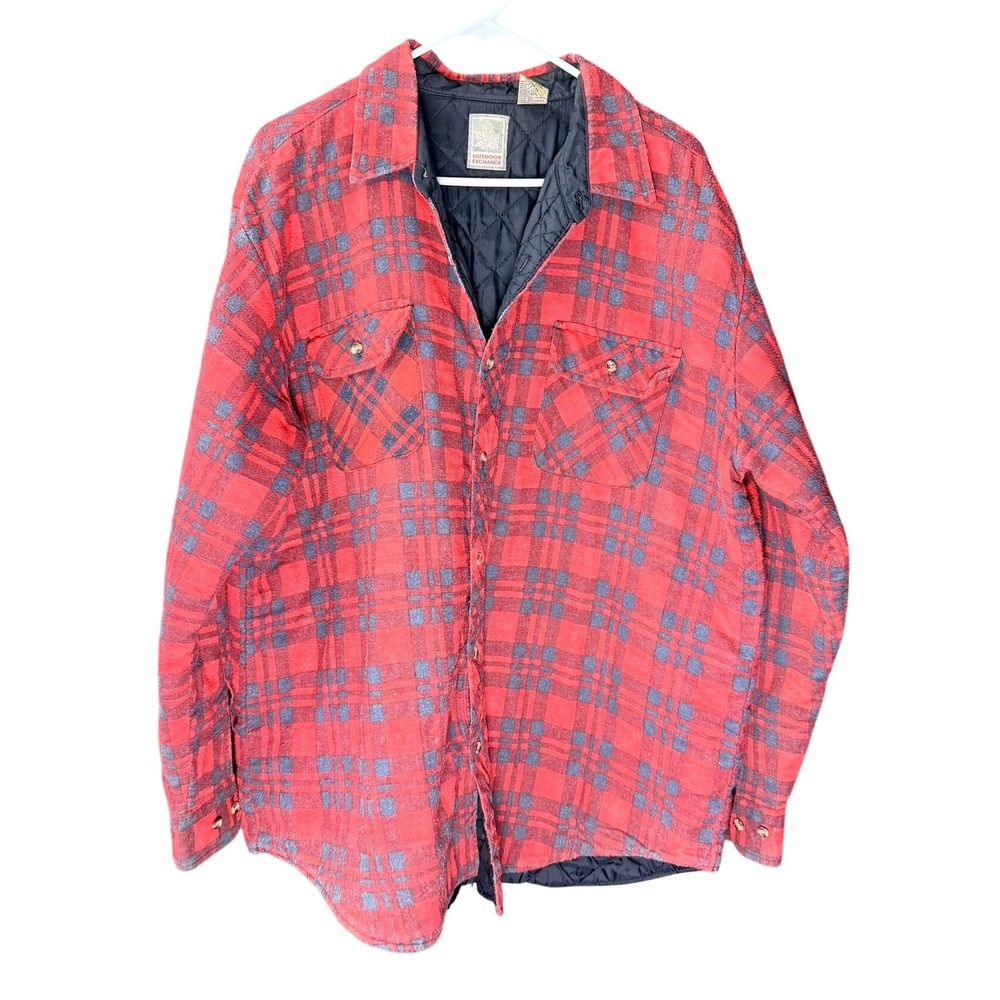 Outdoor Exchange Flannel Shirt Jacket Mens XL Red Plaid Quilted Lined Shacket